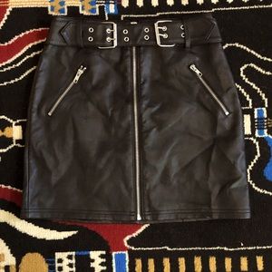 Faux leather zip front mini skirt with attached belt